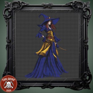 Puede incluir: Un patrón de punto de cruz que representa a una bruja con un vestido azul y amarillo y un sombrero puntiagudo con una luna creciente. La bruja sostiene una varita en su mano derecha.