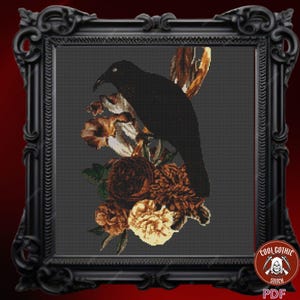 Black Crow & Gothic Flowers Cross Stitch Pattern, Creepy Bird Halloween Decor, Macabre Death Theme, Easy to Use