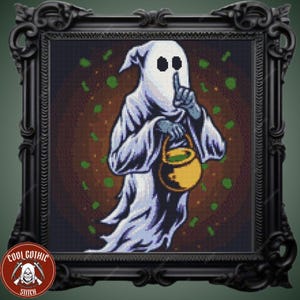 May include: A framed cross-stitch design featuring a white ghost figure holding a yellow cauldron and gesturing for silence. The ghost has black eyes and is surrounded by green accents. The frame is black with ornate detailing.
