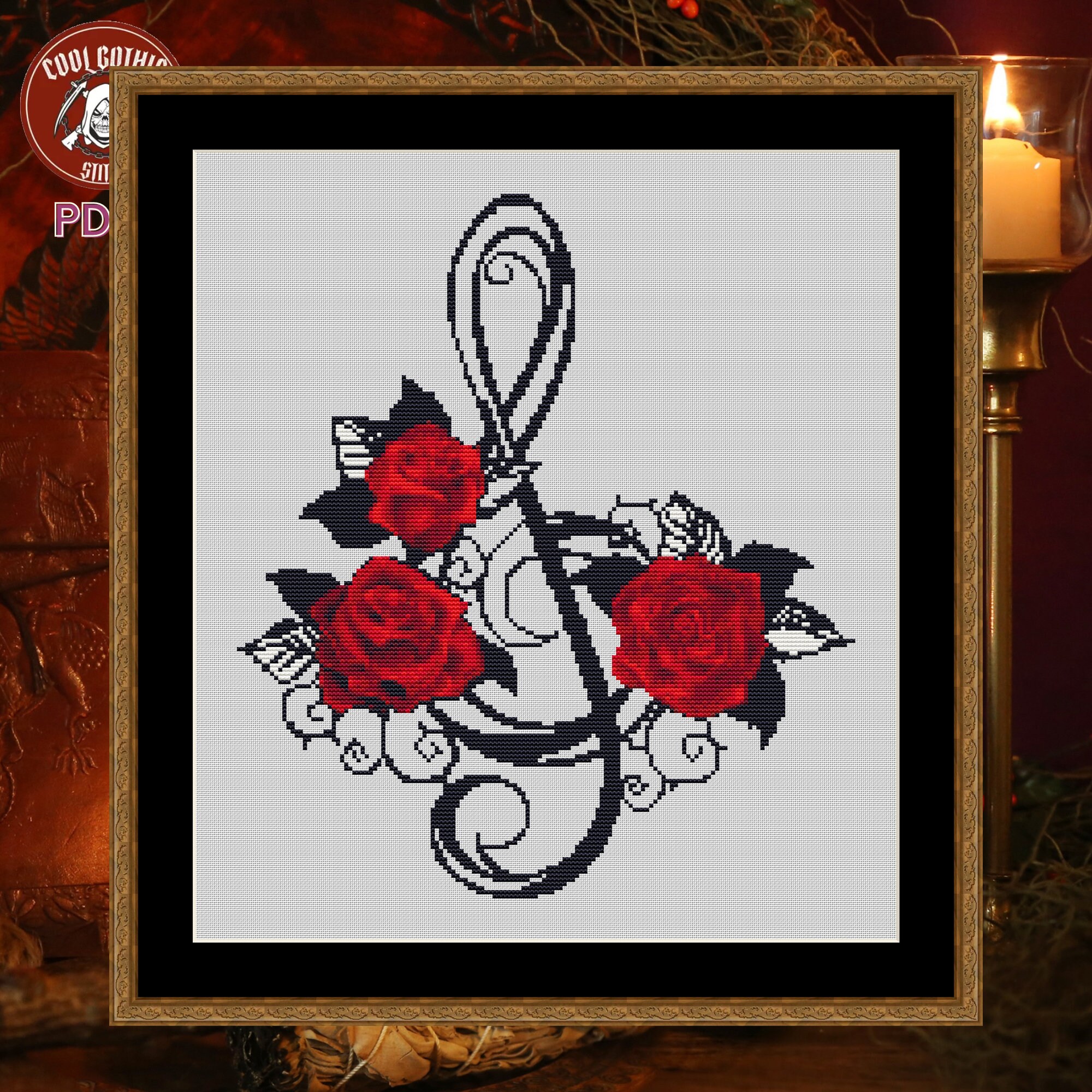 Clef Notes With Roses Treble Clef Symbol Cross Stitch Pattern, Gothic Red Roses, Music Lovers ...