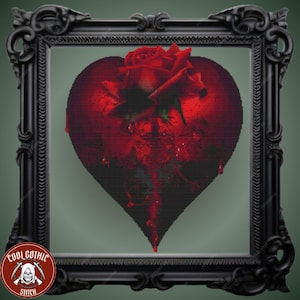 Bleeding Heart Cross Stitch Pattern | Gothic Rose Design for Valentine&#39;s Day | Dark Decor for Goth Bedroom | Pattern Keeper Compatible