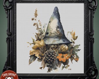Cross-Stitch Pattern - Witchy Hat in the Forest, Gothic Design for Cottagecore Decor, DIY Needlework Art
