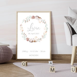 Póster de nacimiento personalizado con los datos del nacimiento del niño - Regalo individual para el nacimiento "Acuarela Algodón"