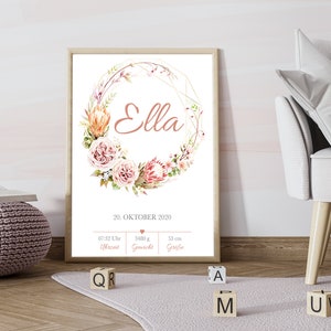 Póster de nacimiento personalizado con los datos del nacimiento del niño - Regalo individual para el nacimiento "Floral 2"