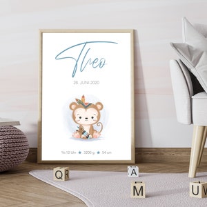 Póster de nacimiento personalizado con los datos del nacimiento del niño - Regalo individual para el nacimiento "Mono"