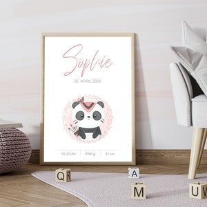 Póster de nacimiento personalizado con los datos del nacimiento del niño - Regalo individual para el nacimiento "Panda"
