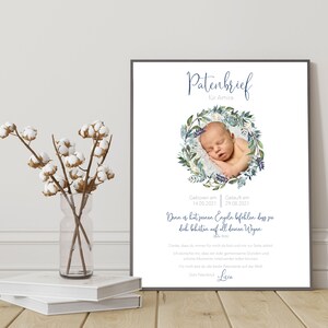 Carta de apadrinamiento personalizada con foto para el bautizo del niño - Regalo de bautizo individual "Acuarela Azul"