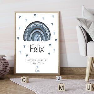 Póster de nacimiento personalizado con los datos de nacimiento del niño - Regalo individual para el nacimiento de un niño "Arcoíris"