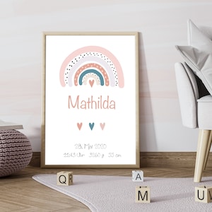 Póster de nacimiento personalizado con los datos de nacimiento del niño/niña - Regalo individual para el nacimiento de una niña "Arcoíris"