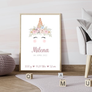 Póster de nacimiento personalizado con las fechas de nacimiento del niño - Regalo de nacimiento individual "Unicornio"