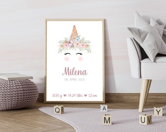 Personalized birth poster with birth dates of the child - Individual birth gift "Unicorn"