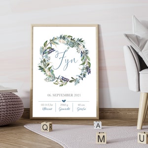 Póster de nacimiento personalizado con los detalles del nacimiento del niño - Regalo individual para el nacimiento "Acuarela Boho"