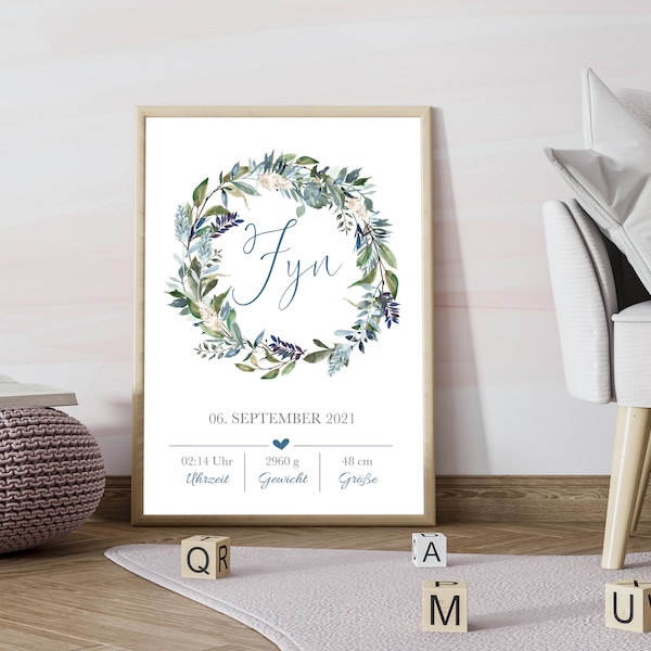 Personalized birth poster with birth dates of the child - Individual birth gift "Boho Watercolor"