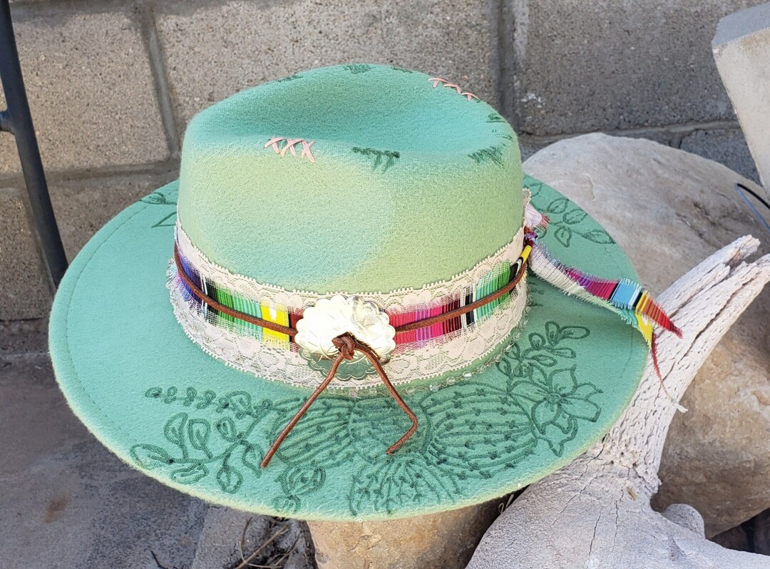 Mint Green Fedora Hat serape Lace Concho Andd Leather Etsy