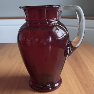 Vintage Ruby Red Mold Blown Glass Pitcher, Clear Applied Handle Jug 8"