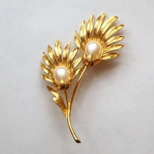 Vintage Signed Trifari Gold Tone Flower Brooch with Faux Pearl Centers | Signed Trifari Floral Pin