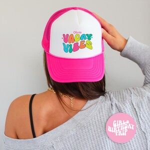 Vacay Vibes and Birthdays OTTO Trucker Cap – Personalized Girls Trip Hat – Custom Name Birthday Squad Hat