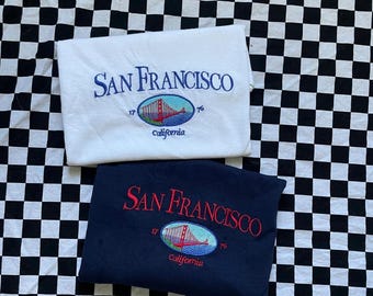 Embroidered San Francisco Shirt – Golden Gate Bridge Skyline SF California Souvenir Travel Tee Handmade City Embroidery