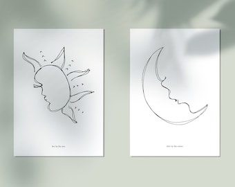 BUNDLE - Sun and Moon Line Art; Live By The Sun, Love By The Moon; Hand drawn line art