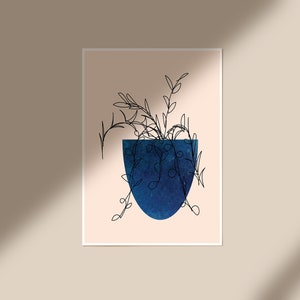 Textured Blue Potted Plant; Line Art, hand drawn, blush background