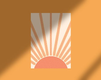 Könnte beinhalten: Eine digitale Illustration eines Sonnenaufgangs mit einer rosa Sonne und orangefarbenen Strahlen auf weißem Hintergrund.