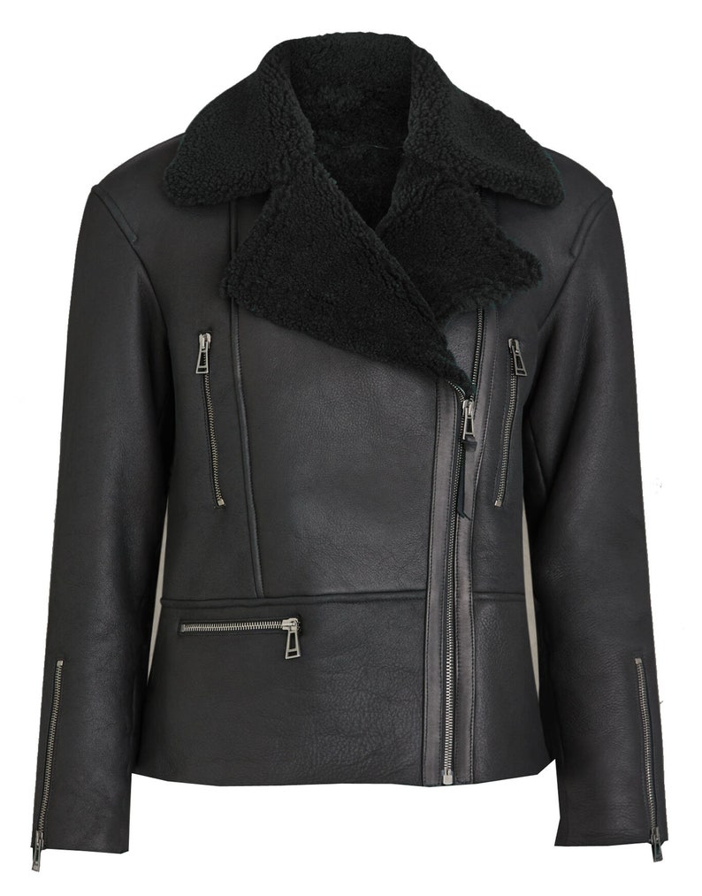 JUFAH Flenence Vibrant look Black Shearling Fur biker designer Real Leather Jacket for Women