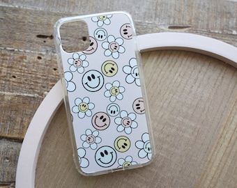 Smiley Retro Flowers iPhone Case, Smiley Face, Trending Phone Cases, Smiley Face Phone Case, Retro Flowers Pattern