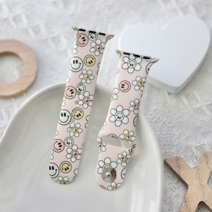 Smiley Face Retro Flowers Silicone Watch Band, size 38/40/41mm small or 42/44/45/49mm large, Retro, Happy Face, Smiley, Smiley Trend