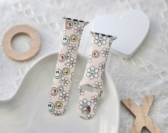 Smiley Face Retro Flowers Silicone Watch Band, size 38/40/41mm small or 42/44/45/49mm large, Retro, Happy Face, Smiley, Smiley Trend