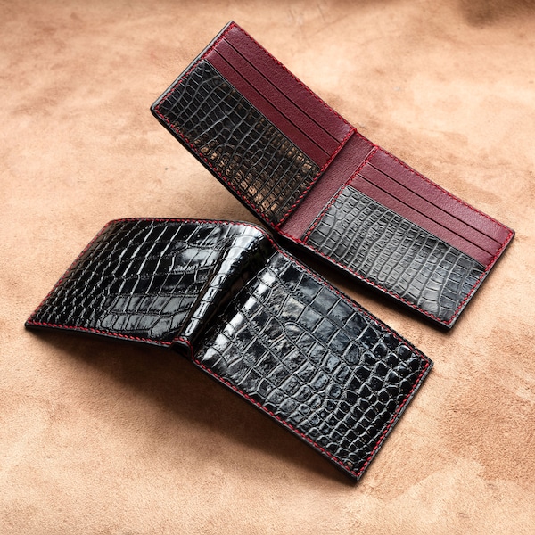 Personalized Premium  Black Alligator Men's Handmade Leather wallet - Genuine Leather Bifold Wallet - Front Pocket Wallet -  wallet
