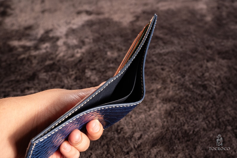 Personalized Blue Navy Alligator wallet Genuine Leather Bifold Wallet Front Pocket Wallet Mens leather wallet image 5