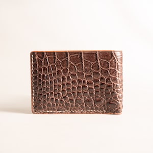 Personalized Mini Wallet - Brown Alligator Men&#39;s Handmade Leather wallet, Gift for him - Genuine Leather Bifold Wallet - Front Pocket Wallet