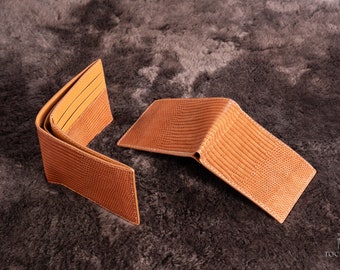 Personalized Premium Brown Iguana (Lizard) Leather Wallet, Genuine Leather Bifold Wallet, Front Pocket Wallet