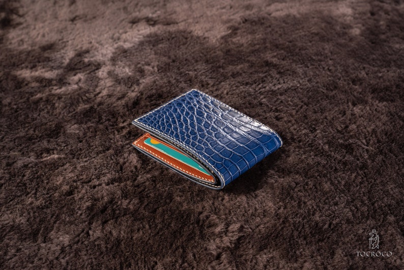 Personalized Blue Navy Alligator wallet Genuine Leather Bifold Wallet Front Pocket Wallet Mens leather wallet image 7