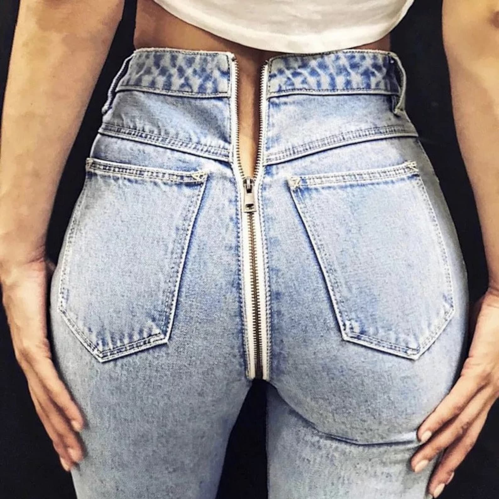 Women's Back Zip Light Blue Denim Jeans High Waist Skinny | Etsy UK