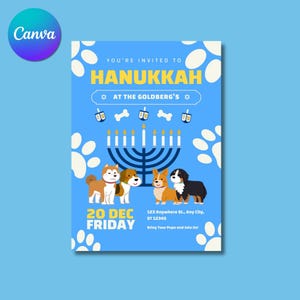 Invitation personnalisée de Hanoucca Happy Hanoukka Menorah fabriquée à la main, carte de chien de Hanoucca, carte modifiable, imprimable, Pawty pour chien, carte de chiot,