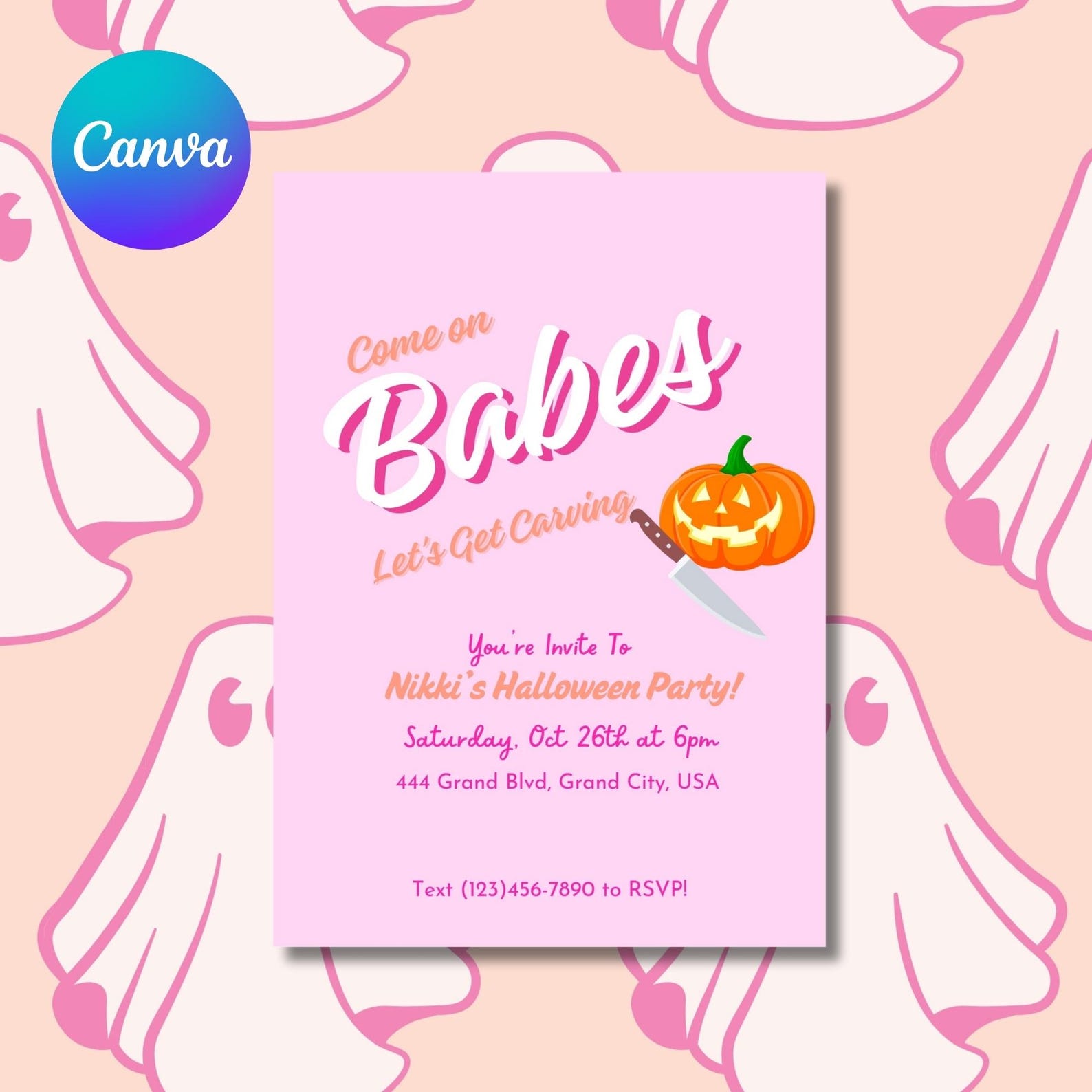 Pink Halloween Invitation, Editable Pink Invitation, Pink Halloween ...