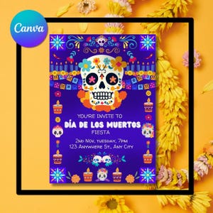 Tag der Toten einladen, bearbeitbar, Dia de los Muertos Einladung, Mexiko Sugar Skull Party einladen, Fiesta Sugar Skull, Halloween