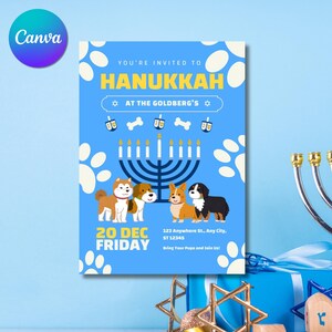 Invitation personnalisée de Hanoucca Happy Hanoukka Menorah fabriquée à la main, carte de chien de Hanoucca, carte modifiable, imprimable, Pawty pour chien, carte de chiot,