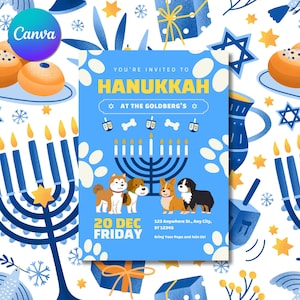 Invitation personnalisée de Hanoucca Happy Hanoukka Menorah fabriquée à la main, carte de chien de Hanoucca, carte modifiable, imprimable, Pawty pour chien, carte de chiot,