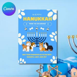 Carte joyeux Hanoucca, joyeux Hanoucca fabriqué à la main, carte Menorah Design Hanoucca chien, carte Pawty chien imprimable, carte chiot, personnalisé