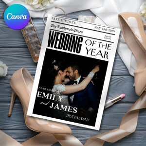 Wedding Newspaper Template With Photo, Canva Wedding Newspaper Template, Wedding Newspaper, Newspaper, Save the Date, Template Newspaper