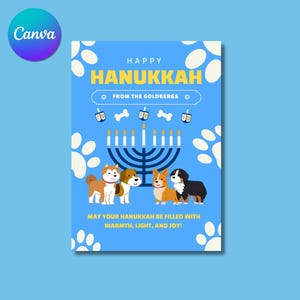 Personalisierte Chanukka-Karte, glückliche Hanukkah handgefertigte Menorah Design Hanukkah-Hundekarte bearbeitbar, druckbare Hundepawty-Karte, Welpenkarte,