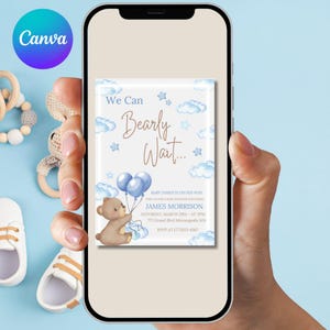 Editable We Can Bearly Wait Baby Shower Invitation Teddy Bear Baby Shower Invite Digital Download Printable Minimalist Boy Baby Shower Blue
