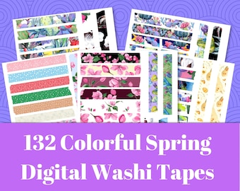 132 Colorful Spring Digital Washi Tapes | Washi Tape Stickers for Digital Planners and Scrapbooks