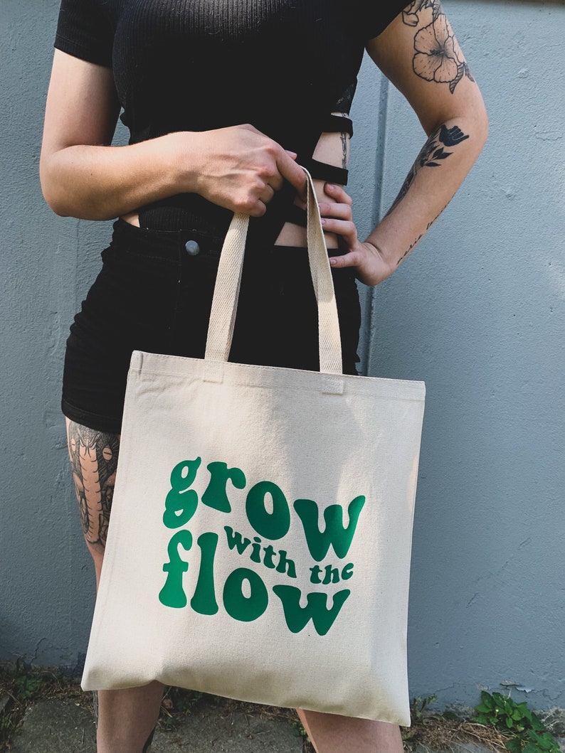 Tote Bag | Aesthetic Tote Bag | Cute Tote Bag | Green Grow With The Flow | Christmas Gift Idea | Reusable Grocery Bag | Fall Canvas Tote Bag 