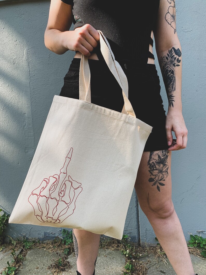 Aesthetic Tote Bag | Skeleton Middle Finger | Gift For Her | Gift For Him | Halloween Aesthetic | Canvas Tote Bag | Tote Bags For School 