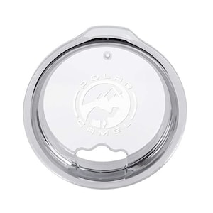 May include: Clear plastic tumbler lid with a silver rim. The lid has a circular design with the words "POLAR CAMEL" and a camel logo in the center. The lid has a small opening for drinking.