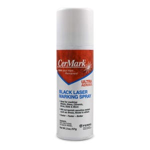May include: A white aerosol spray can with a red and blue label. The label reads "CerMark" and "BLACK LASER MARKING SPRAY." The can is 2 oz. / 57g. It is designed for marking metals, glass, ceramic, brick, and slate.