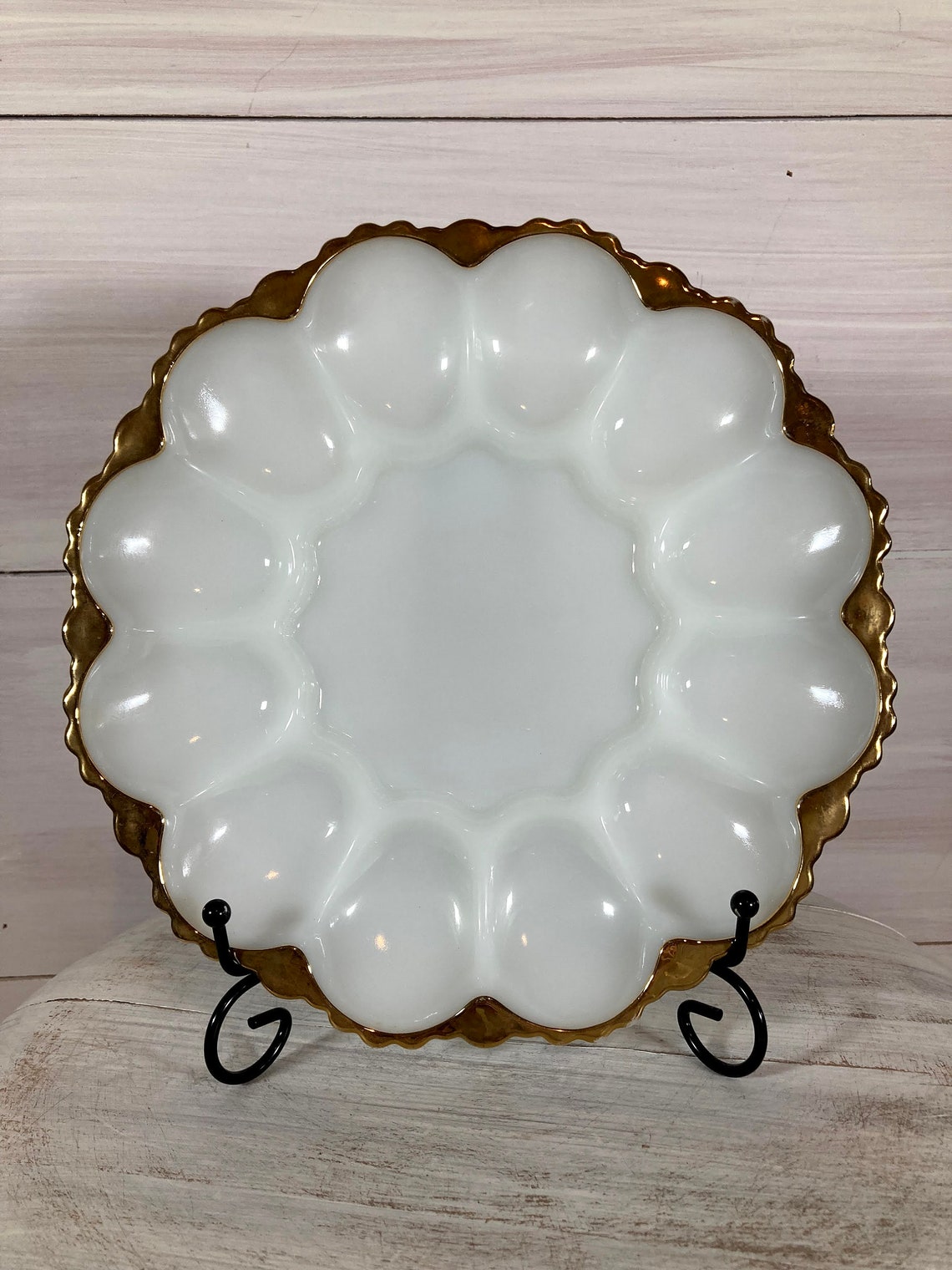 Milk Glass Egg Plate With Gold Trim Etsy UK